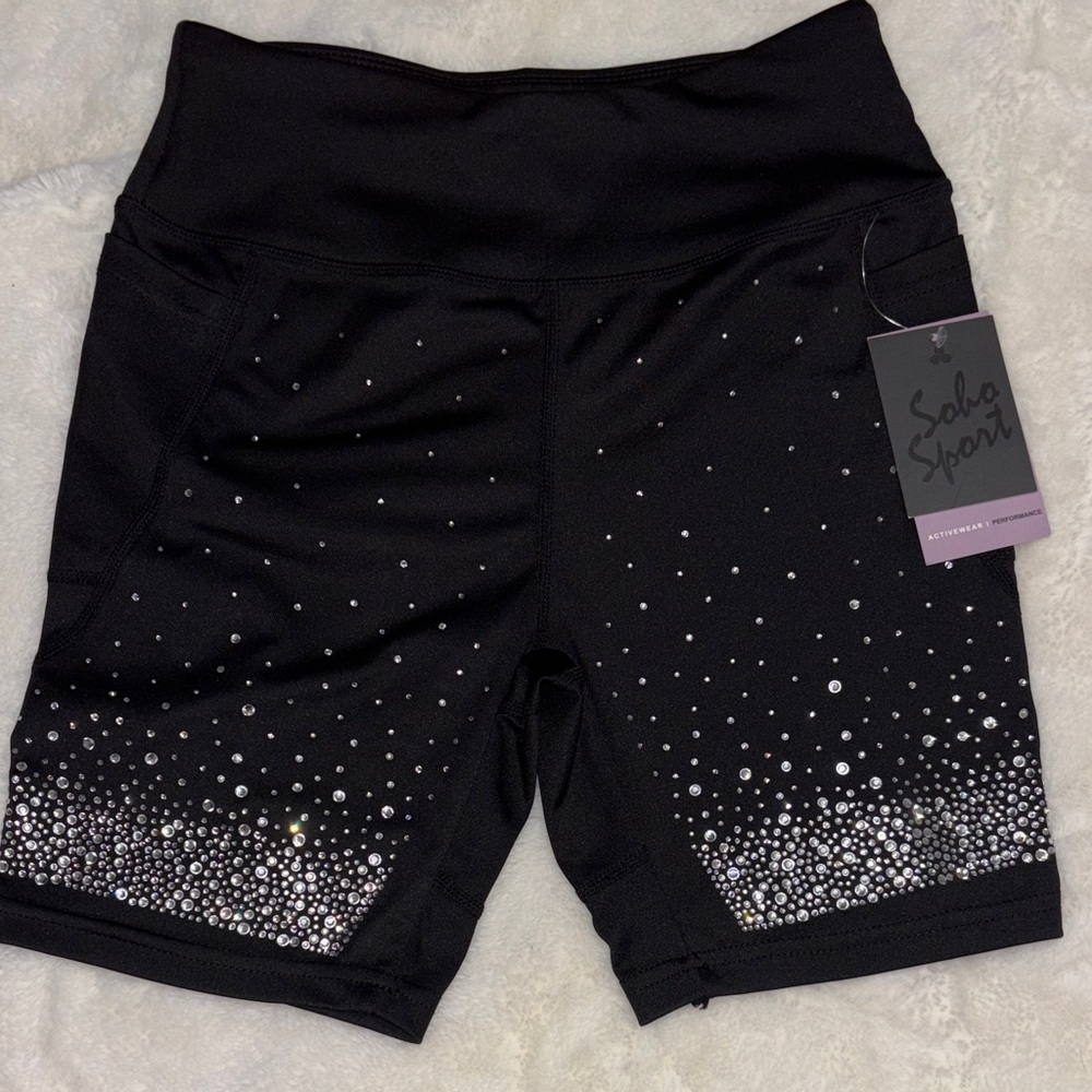 Soho Black High-Waist Rhinestone Bike Shorts